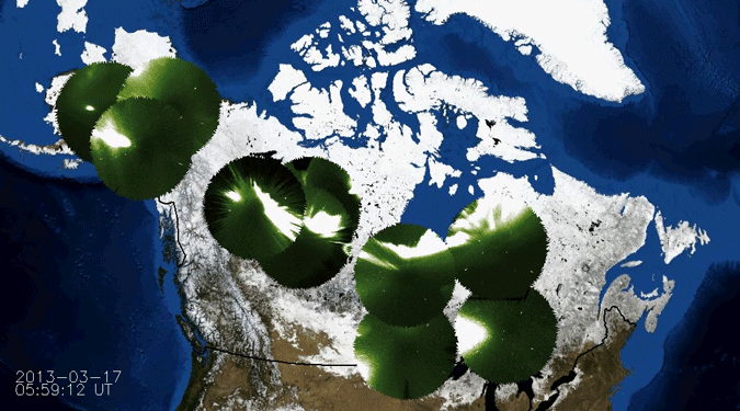2013 mosaic of northern lights images from ground cameras superimposed on a North America map