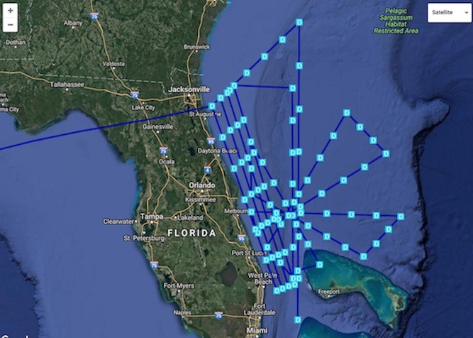 Flight path of the Global Hawk plane shown in a zigzagging blue line off the coast of Florida.