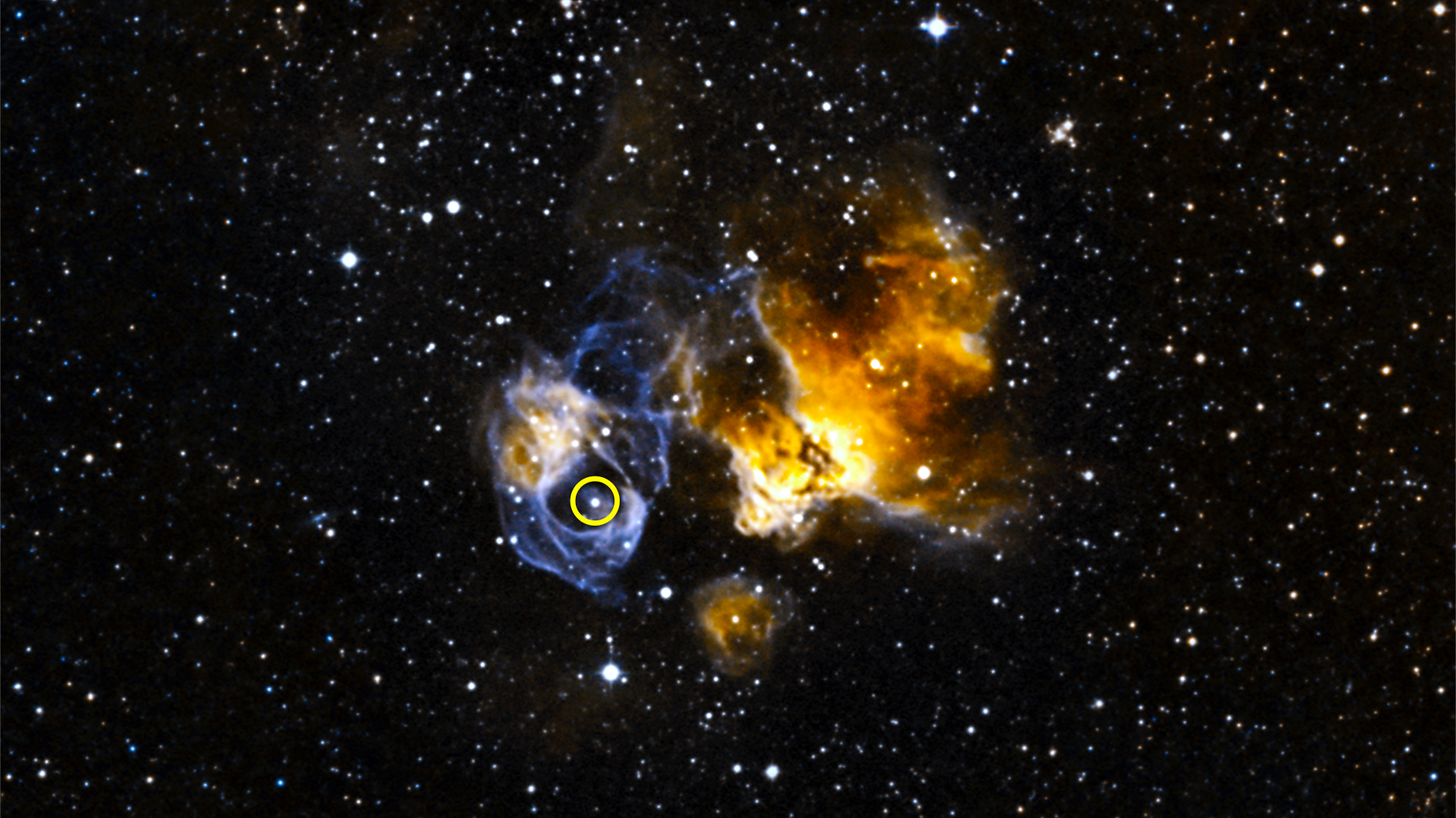 LMC P3 (circled) is located in a supernova remnant called DEM L241 in the Large Magellanic Cloud
