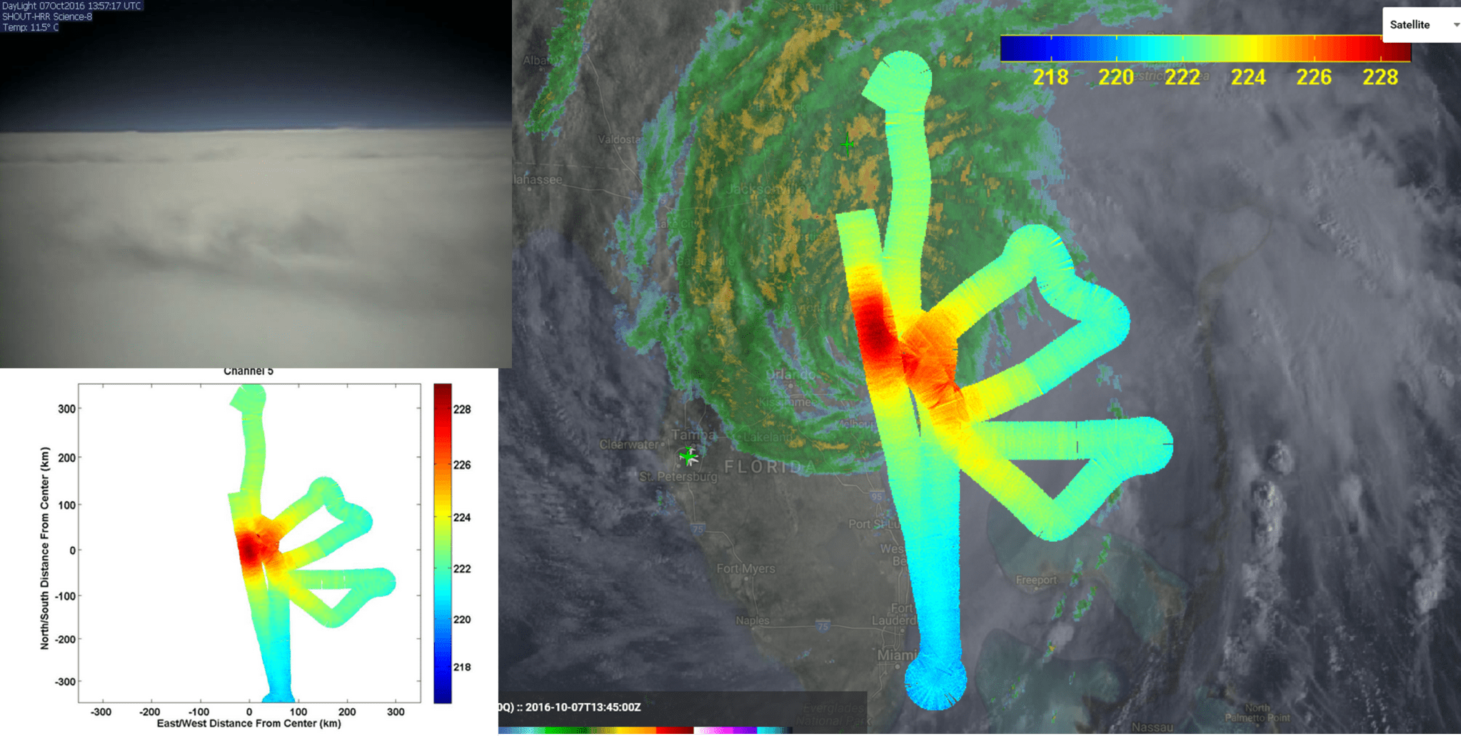 Satellite image of Hurricane Matthew with the path of the Global Hawk marked in a bright rainbow line.
