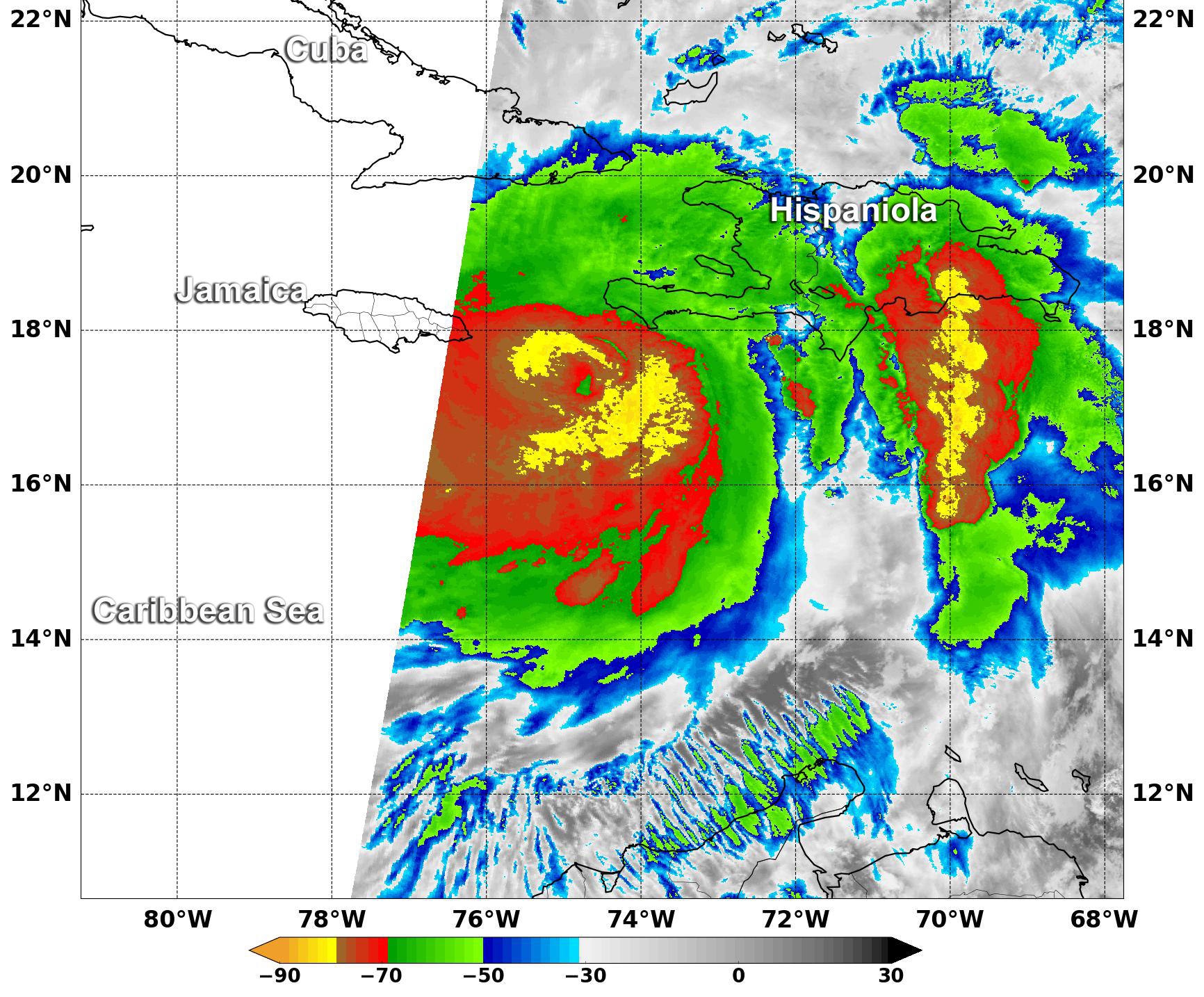 Infrared image of Matthew from Aqua satellite with clouds marked in red and green.