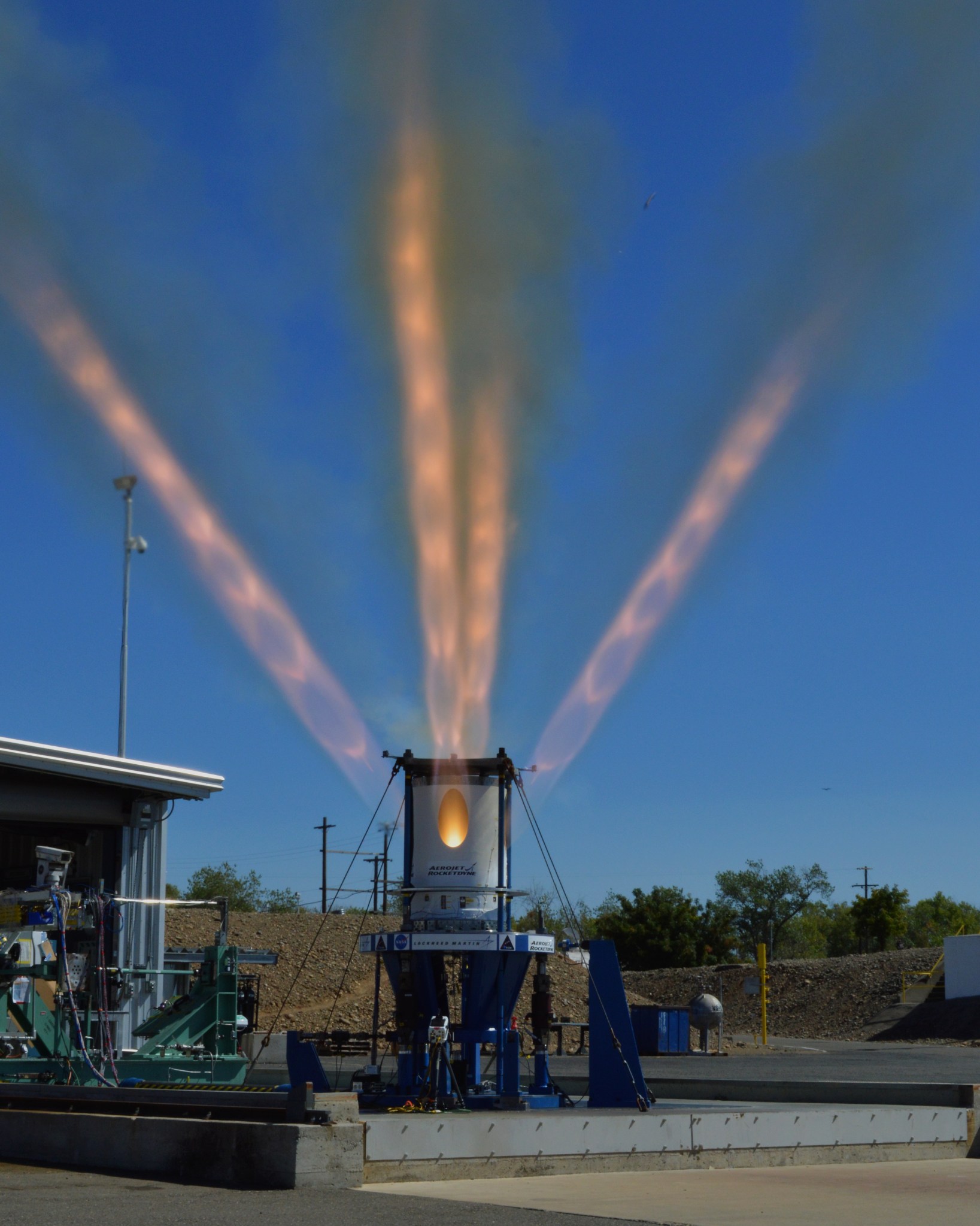 The Orion jettison motor fires up during a test at Aerojet Rocketdyne’s facility in Sacramento, California.