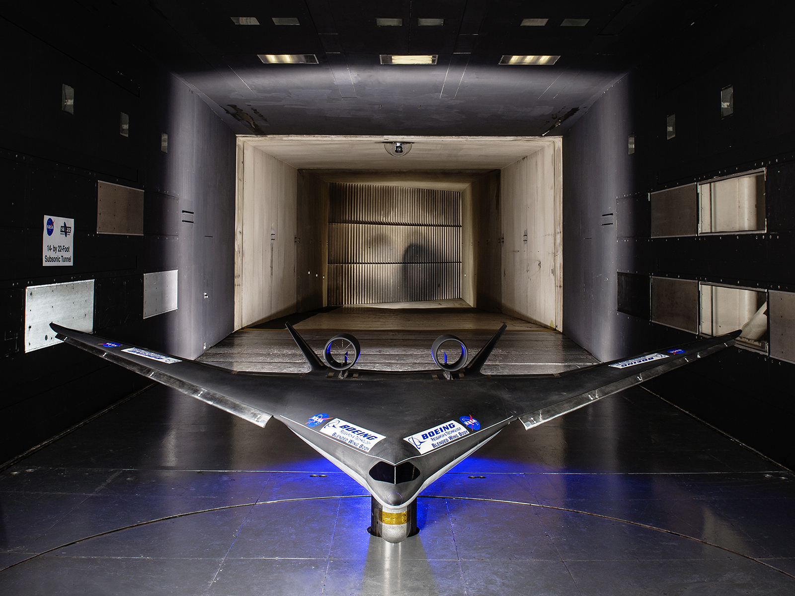 Boeing's blended wing body in a wind tunnel.