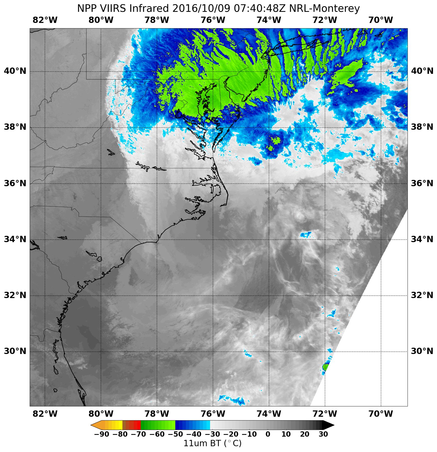 Infrared satellite view of Hurricane Matthew, with clouds colored blue and green over the northern Atlantic coast of the US