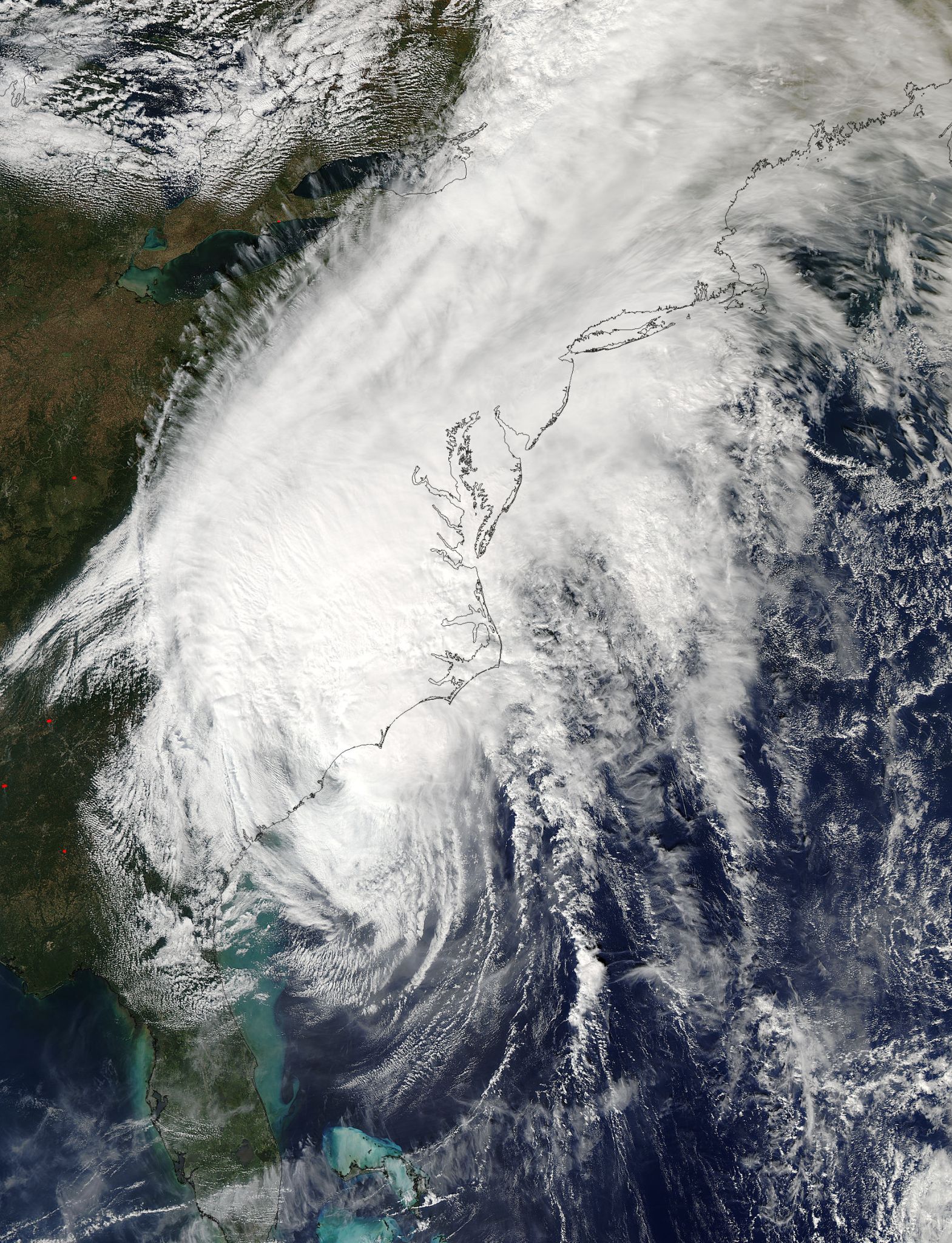 Satellite image of Matthew, covering the entire US Atlantic coast in a cloud mass.