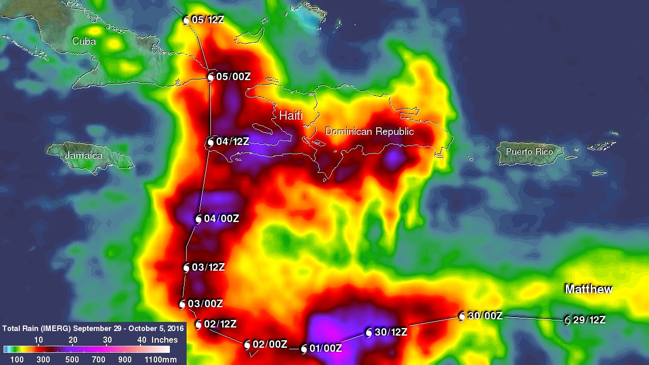 GPM IMERG image of Matthew showing precipitation quantities in reds, oranges, and yellows.