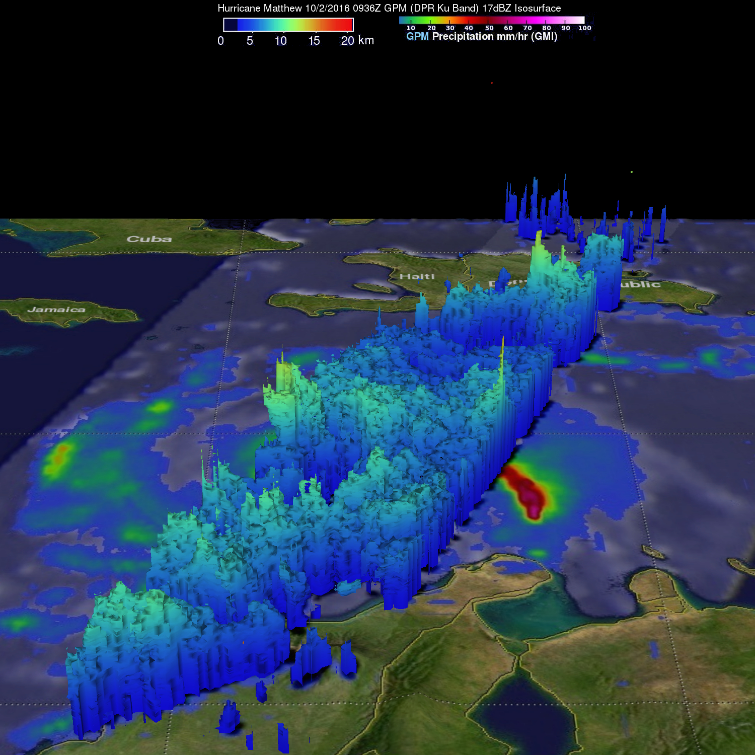 GPM image of Matthew, which shows 3D clouds, which rise up like towers.