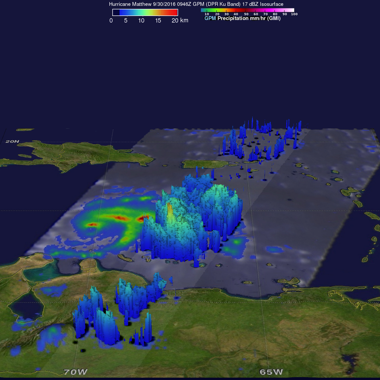 GPM image of Matthew in 3D, with some low towers sticking up.