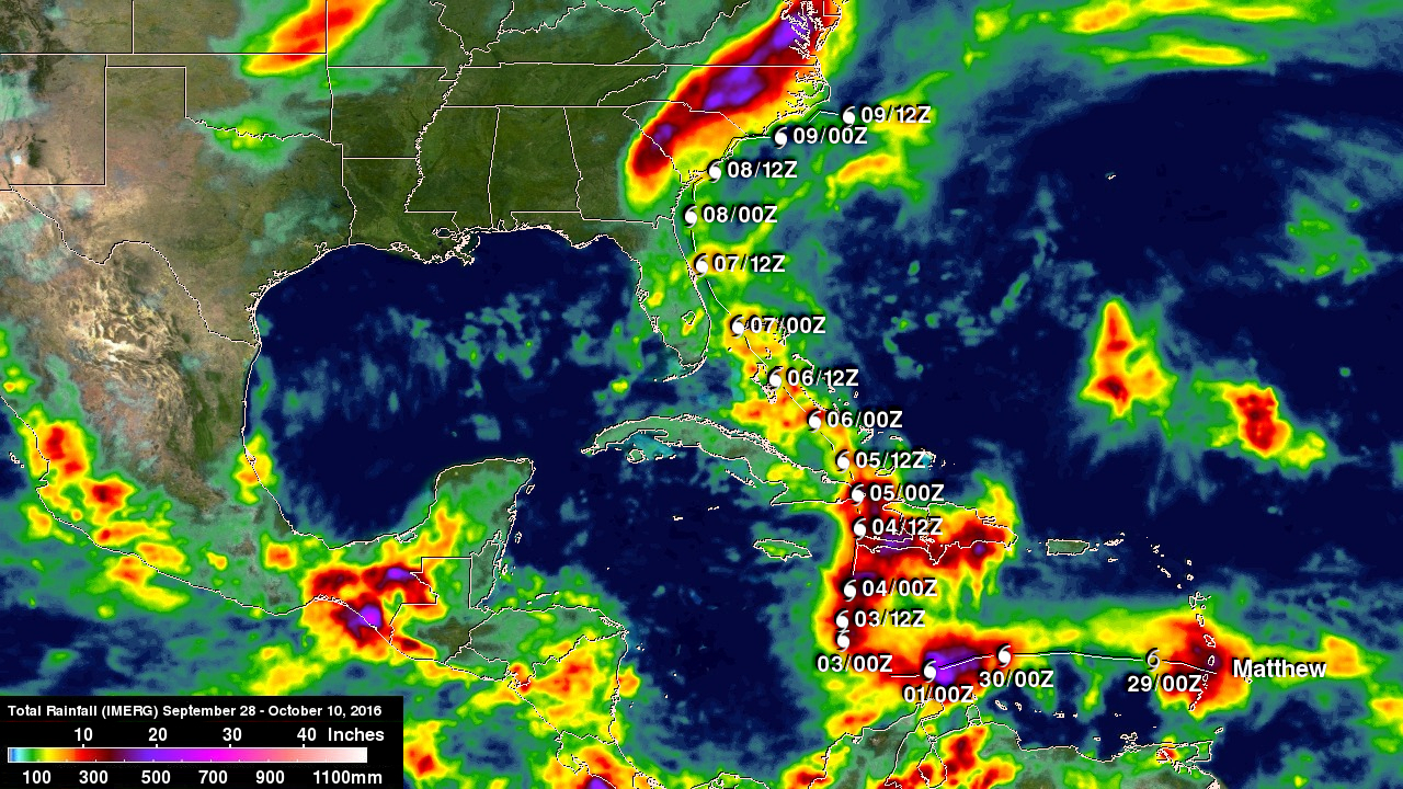 Visualization of IMERG rainfall totals from Matthew with a heavy path through the Caribbean to Florida