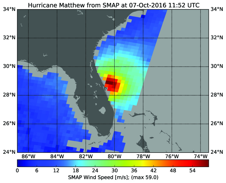 SMAP image of Matthew, which shows wind speeds in pixelated reds, blues, and greens.