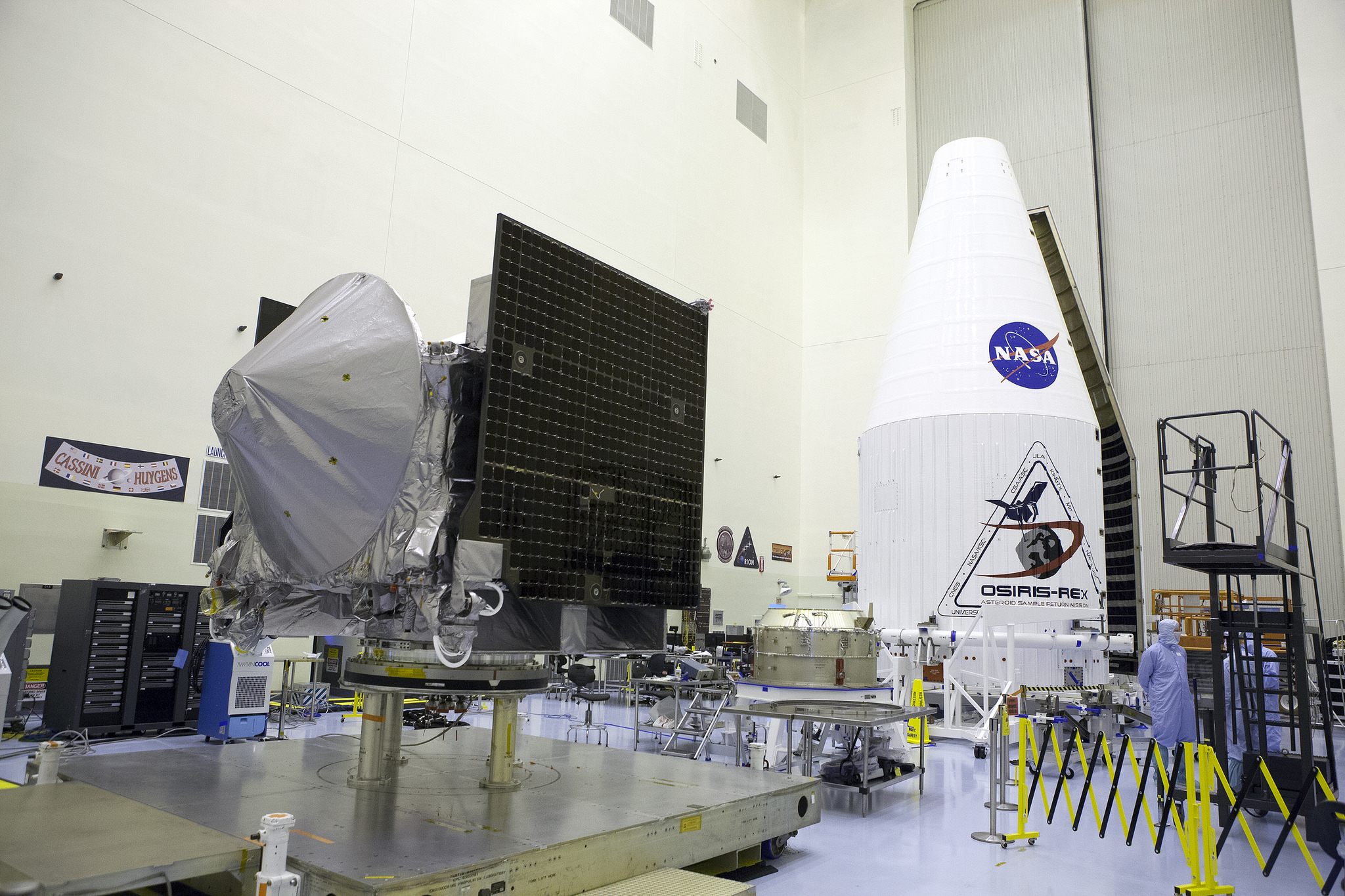Inside the Payload Hazardous Servicing Facility at NASA's Kennedy Space Center in Florida, the agency’s OSIRIS-REx spacecraft is