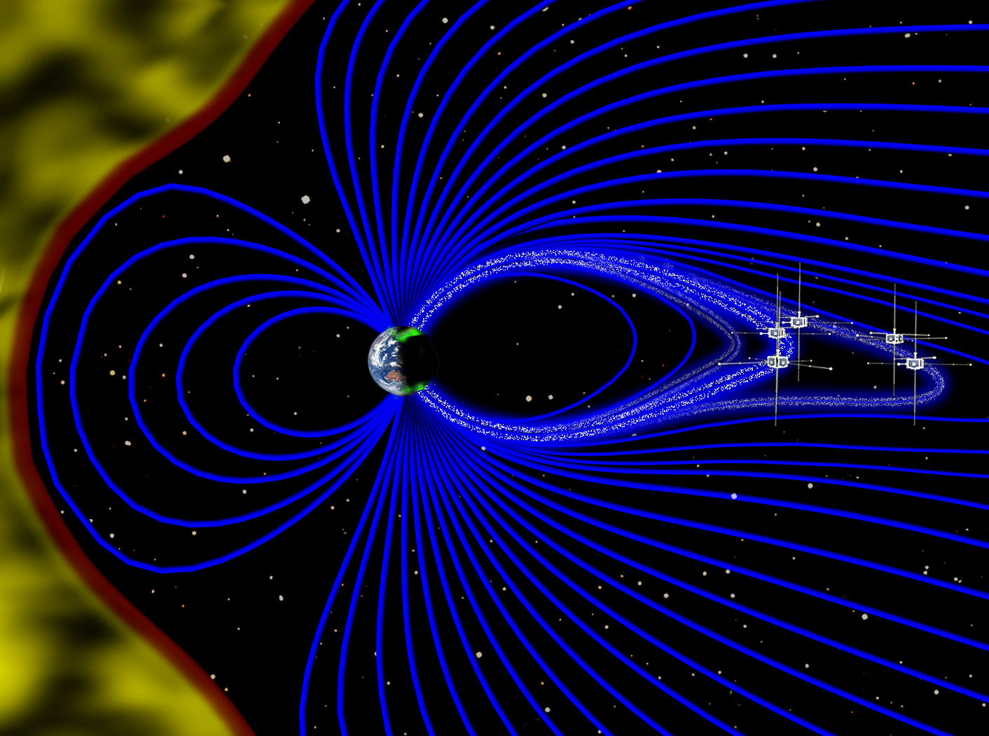 artist's representation, not to scale, of Earth's magnetic field, solar wind and THEMIS probes