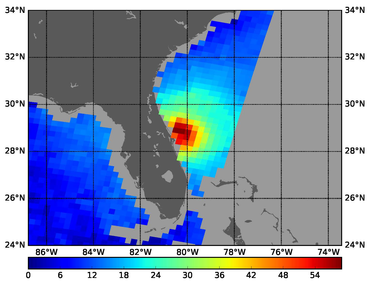 SMAP image of Hurricane Matthew, which shows big pixels of red, yellow, and blue.