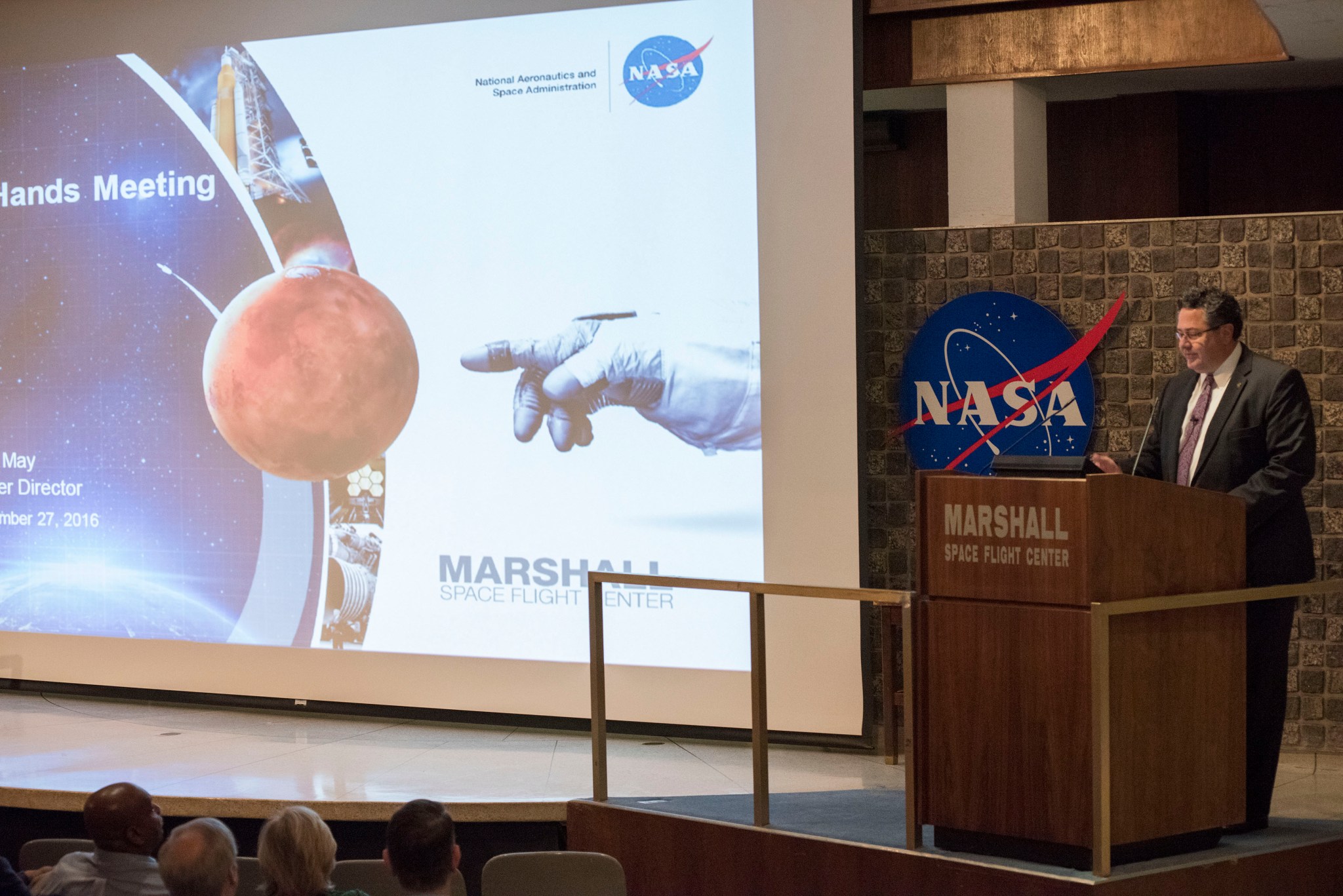 Todd May, director of NASA’s Marshall Space Flight Center, addresses the workforce during an all-hands meeting Sept. 27.