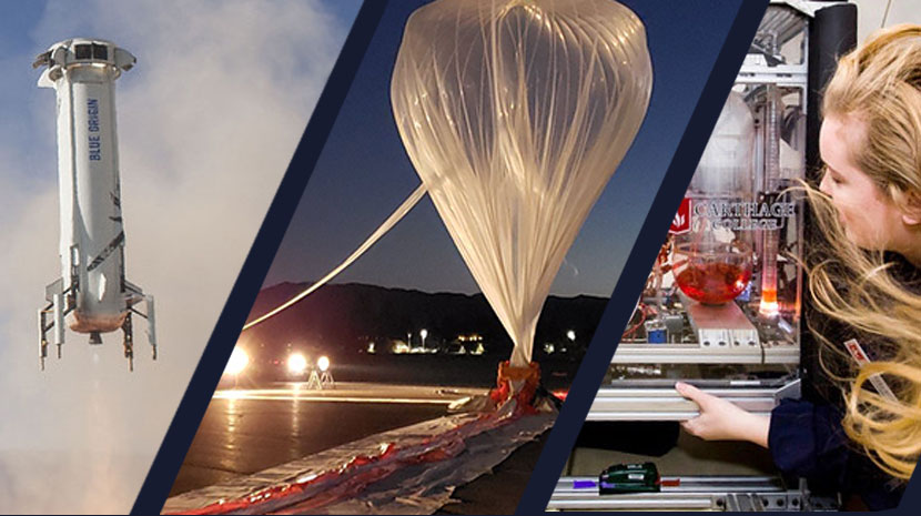 Rocket, balloon, and researcher in microgravity looking at experiment with hair floating around.