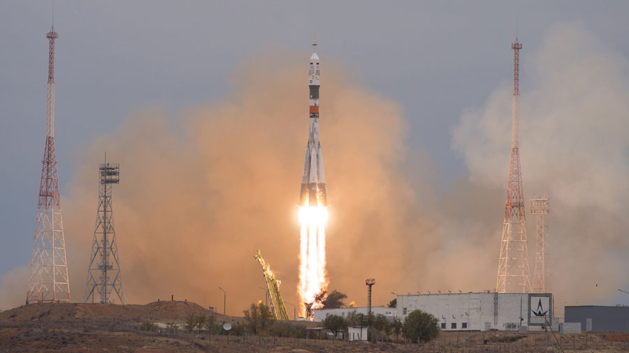 Three Crew Members Launch Aboard a Soyuz Rocket