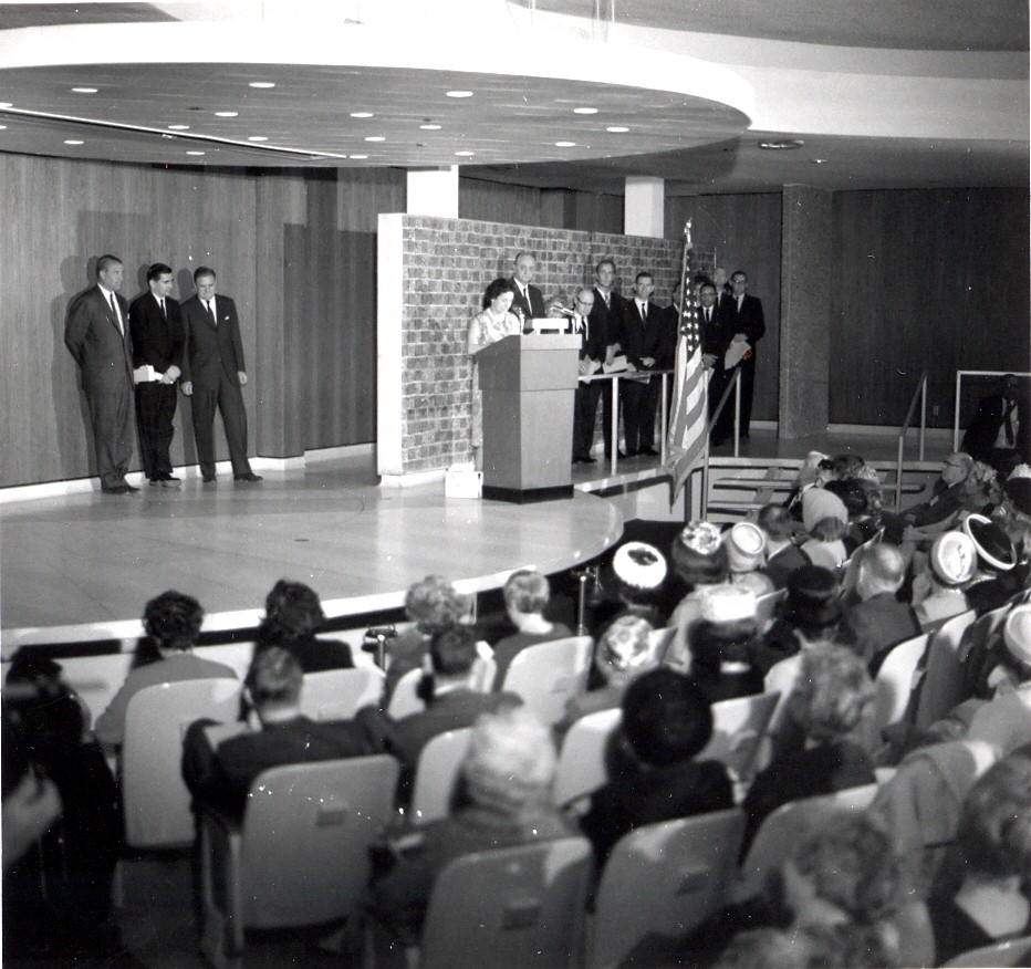 Former First Lady, Lady Bird Johnson delivers speech in Morris Auditorium on March 24, 1967. 
