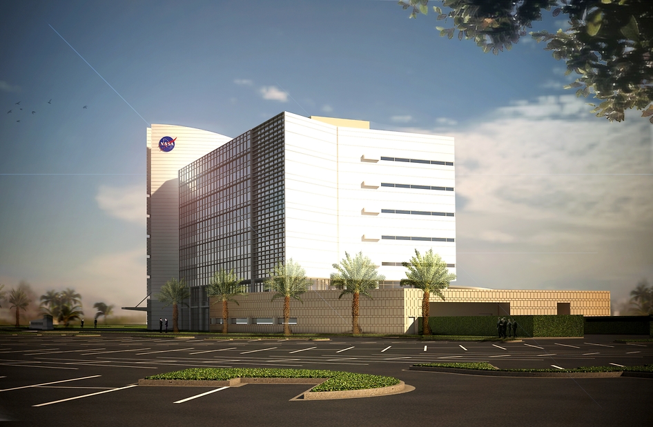 The northwest view is seen in this artist concept of the new Kennedy Space Center Headquarters Building now under construction.