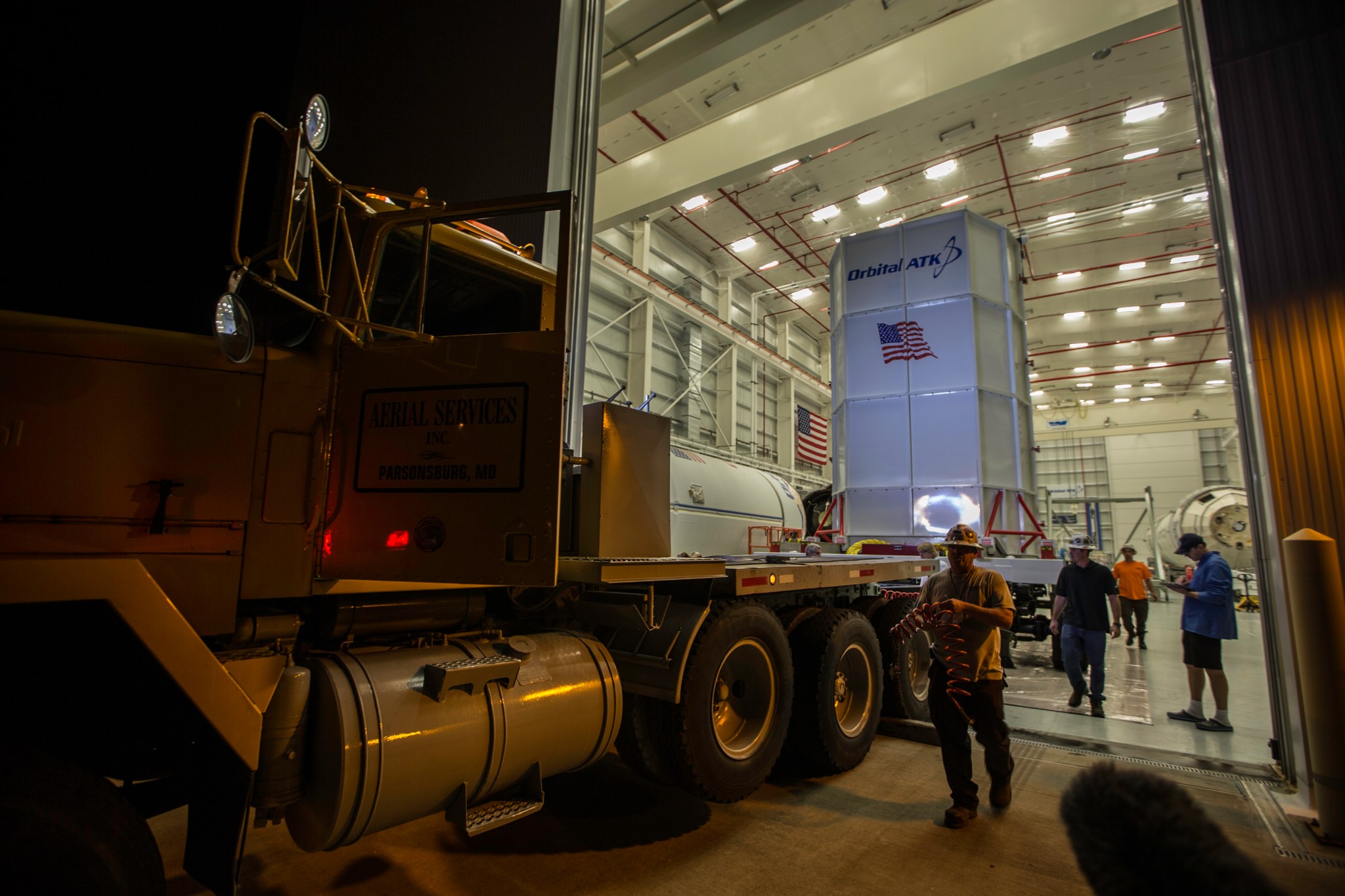 Orbital ATK Cygnus spacecraft arrived at the Horizontal Integration Facility at NASA's Wallops Flight Facility in Virginia