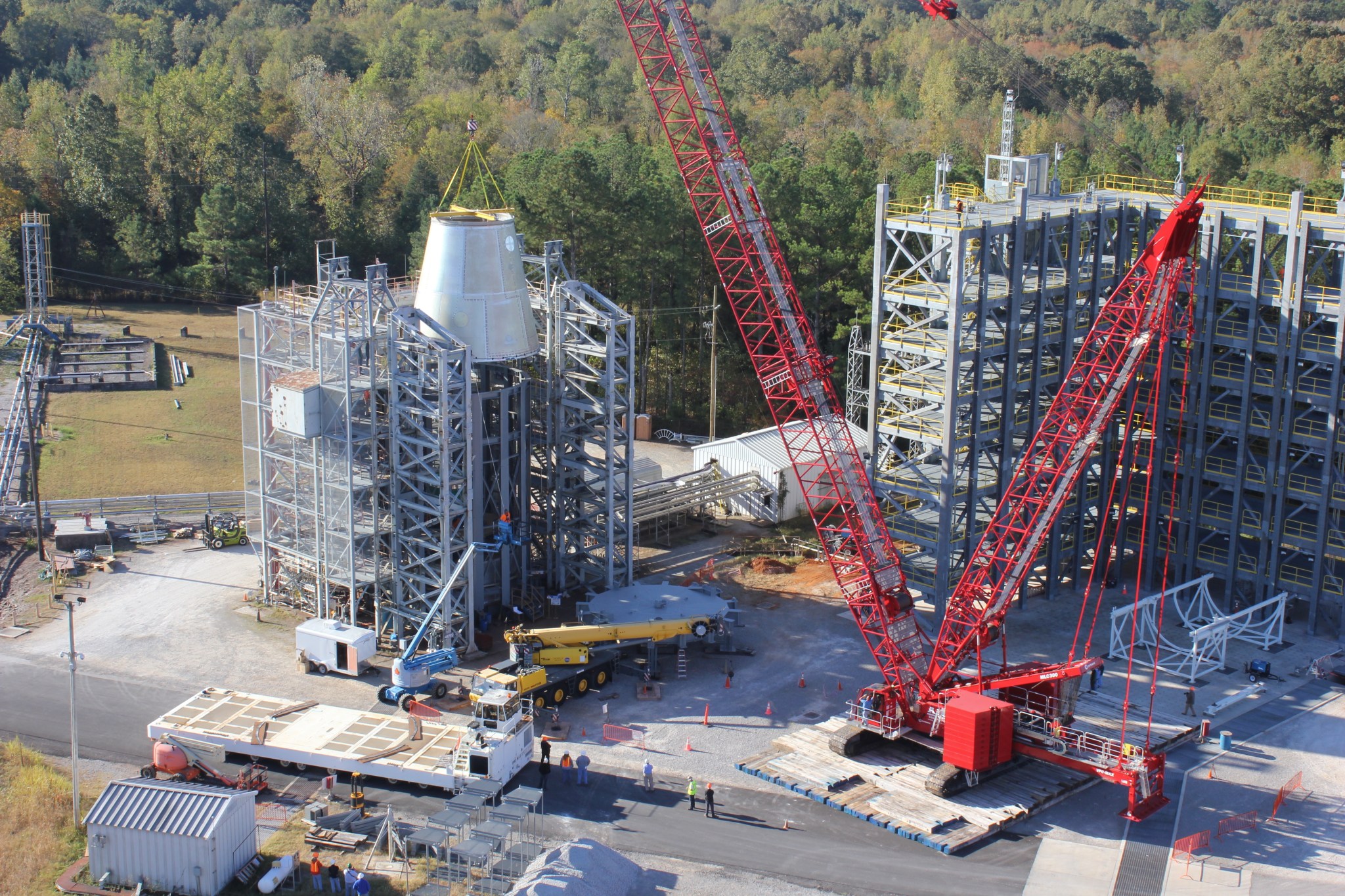 Test version of the launch vehicle stage adapter (LVSA) loaded in test stand at NASA Marshall