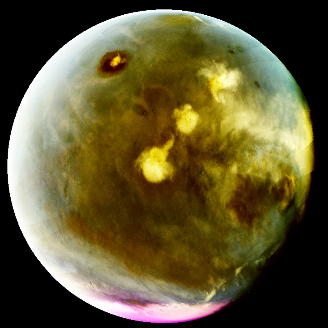 MAVEN ultraviolet image of clouds over Martian volcanoes