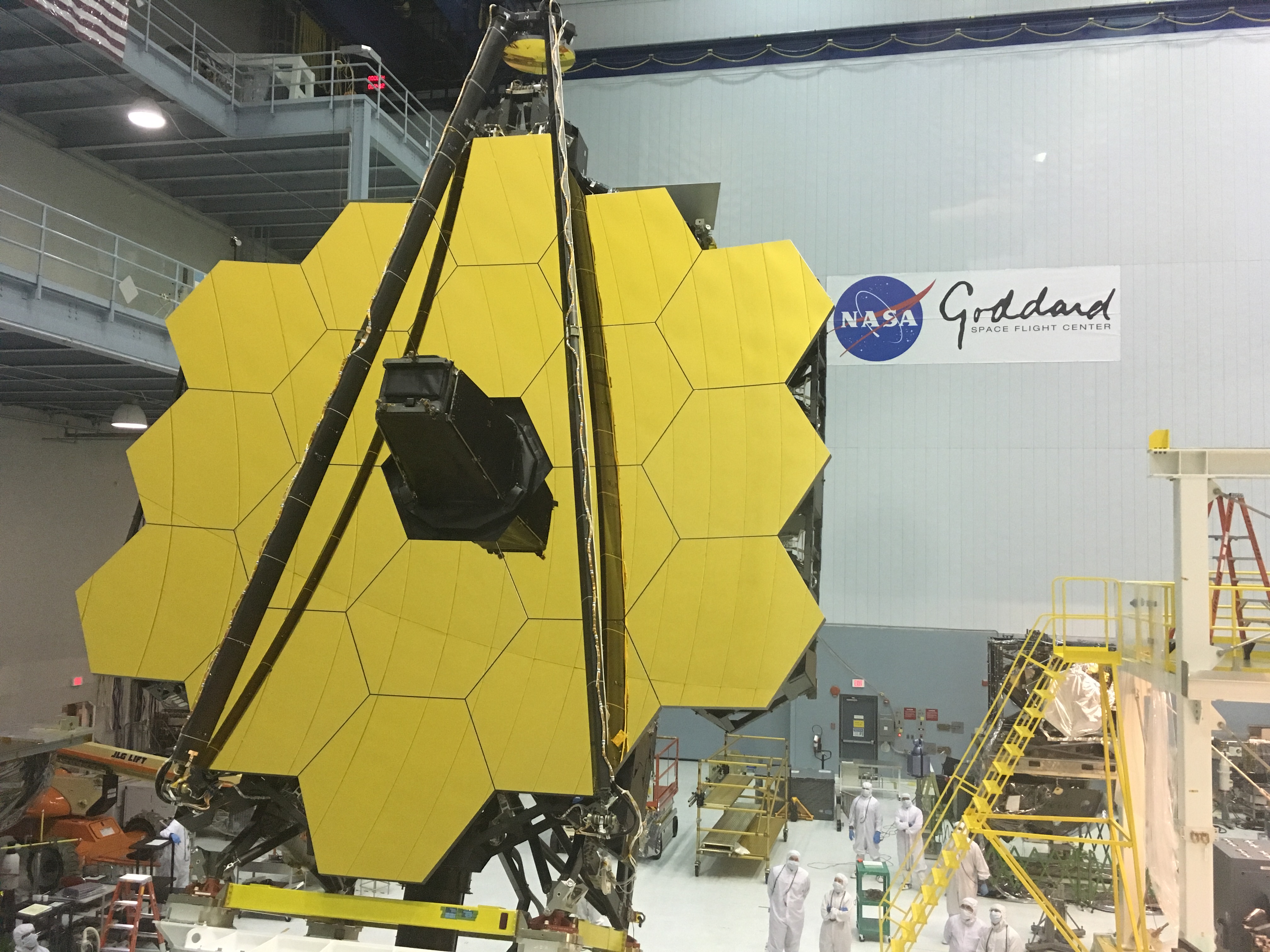 Webb telescope primary mirror assembled in a NASA Goddard clean room
