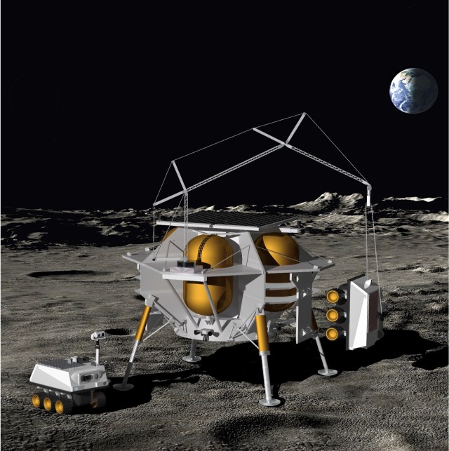 Equipment on lunar surface with Earth in the distant sky.