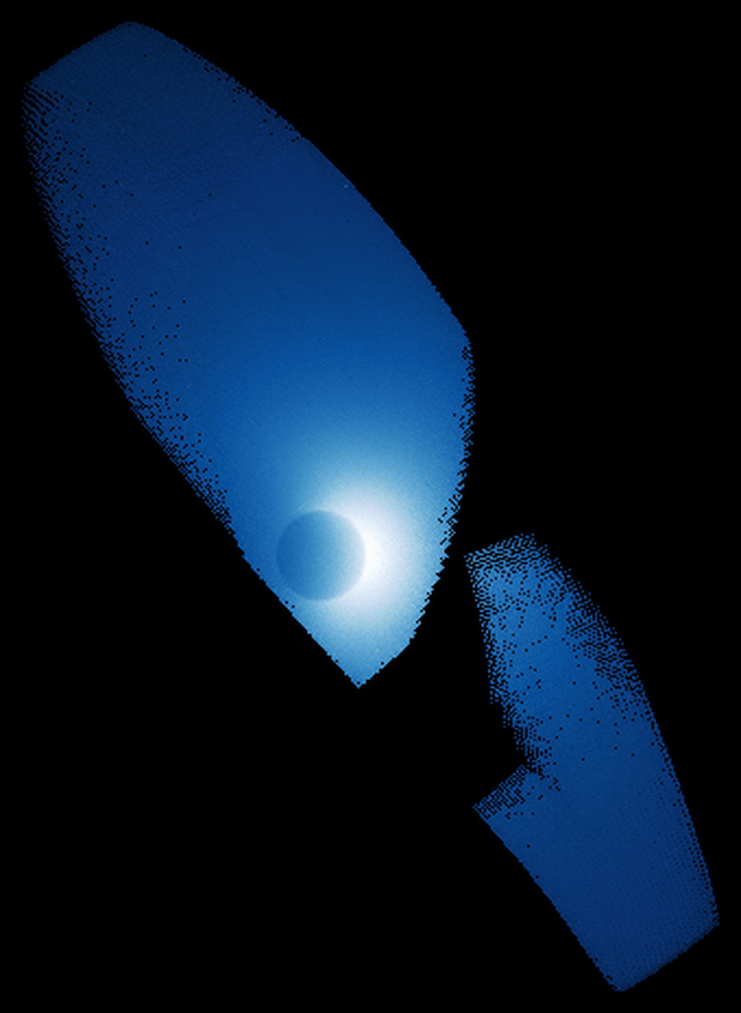 A crescent planet seen in one of two swatches of blue 