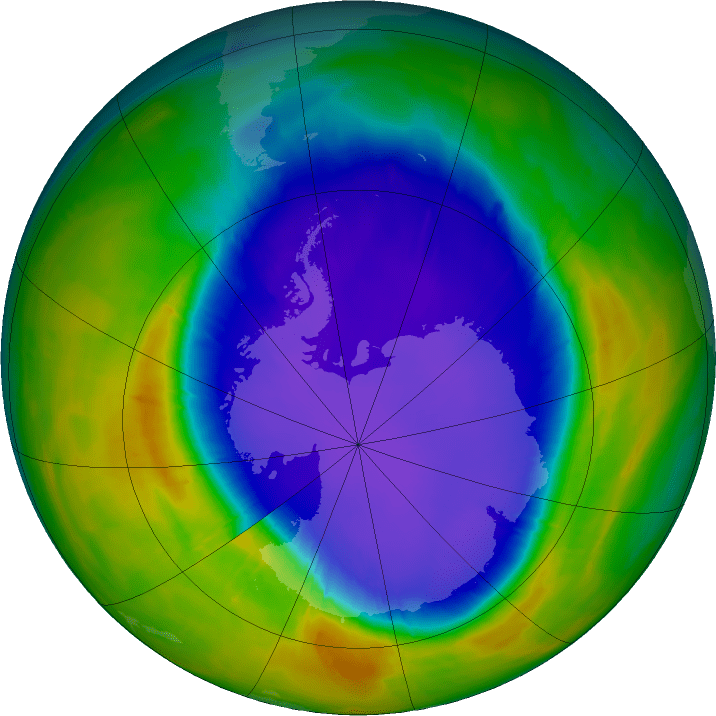 View of south pole with data in red, blue, green and purple