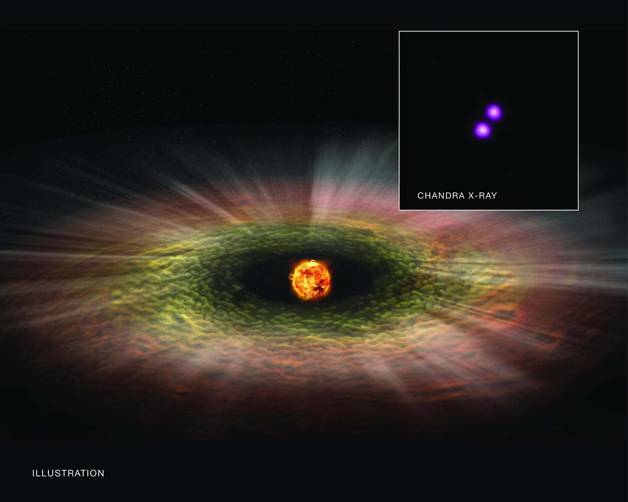 This illustration depicts one of the relatively high mass stars, which has a large number of flares and spots.