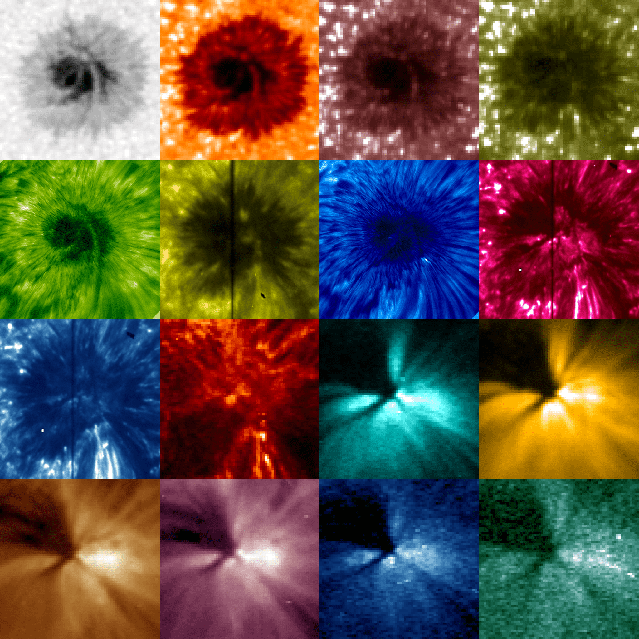 4 by 4 grid of different filters on the same sunspot