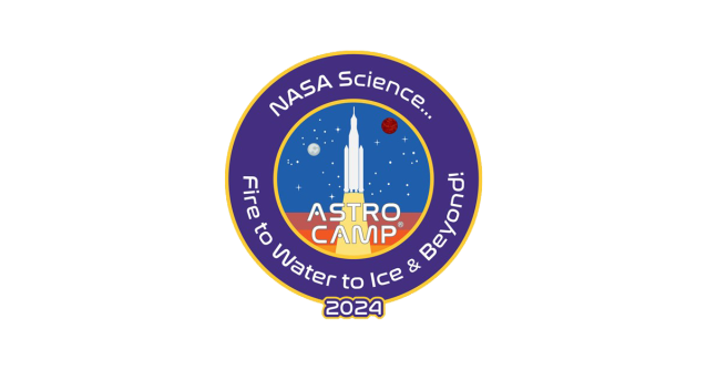 NASA ASTRO CAMP® Community Partners (ACCP) Program logo for 2024 is a purple circle with a white silhouette of a rocket in the center