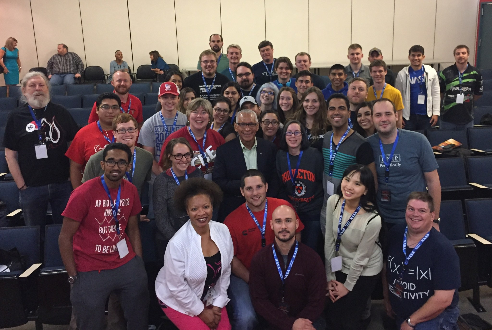 NASA Administrator Charles Bolden, center, greets students attending the NASA Community College Aerospace Scholars workshop.