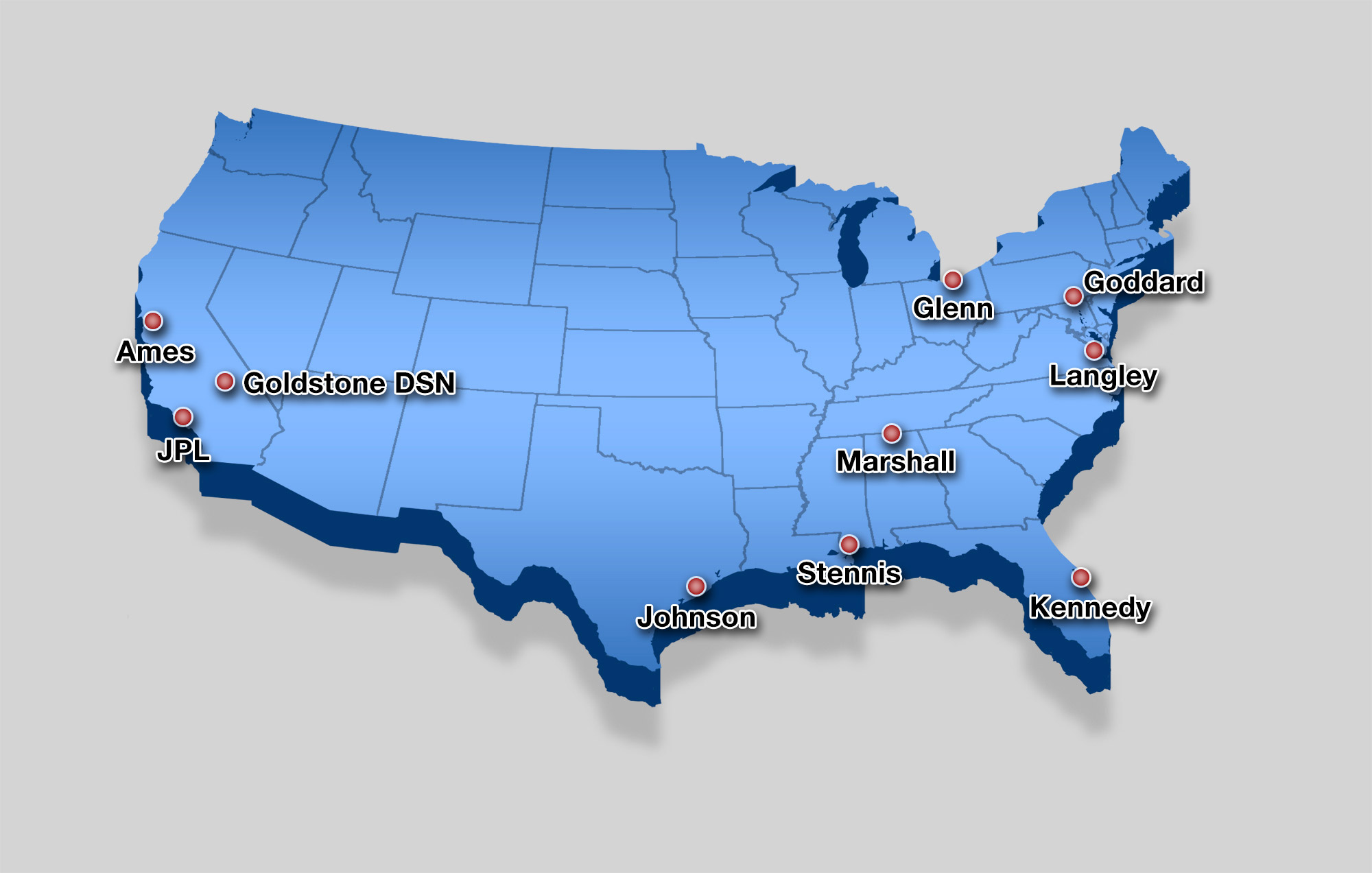 US map showing the NASA Centers National historic landmarks at each NASA centers.
