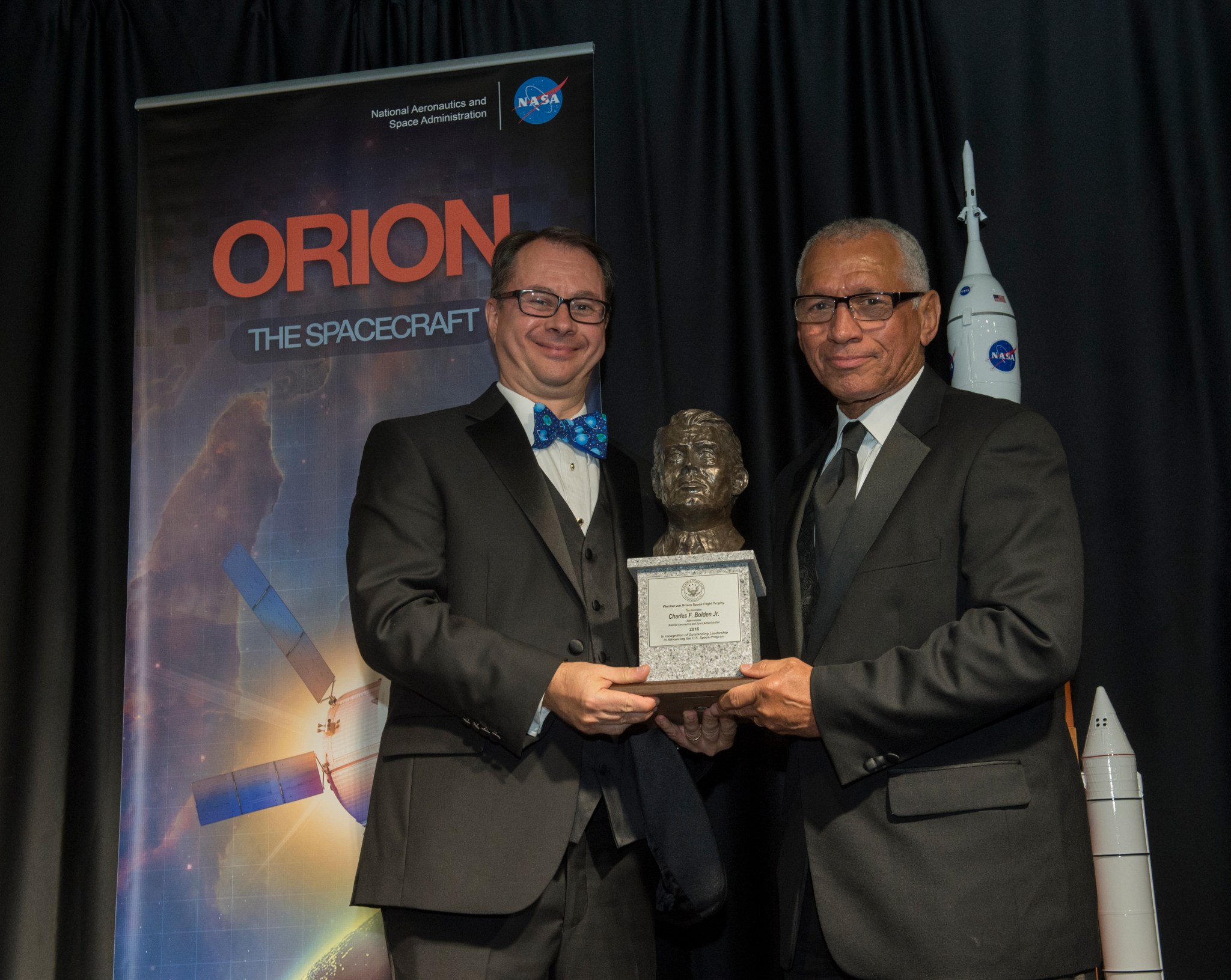 NASA Administrator Charles Bolden, right, is presented the von Braun Space Flight Trophy Oct. 27 by Tom Koshut.