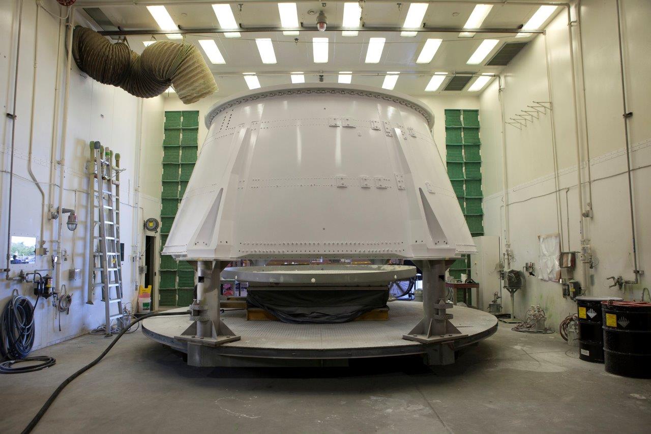 The right-hand aft skirt is drying in a cell in a support building at Hangar AF.