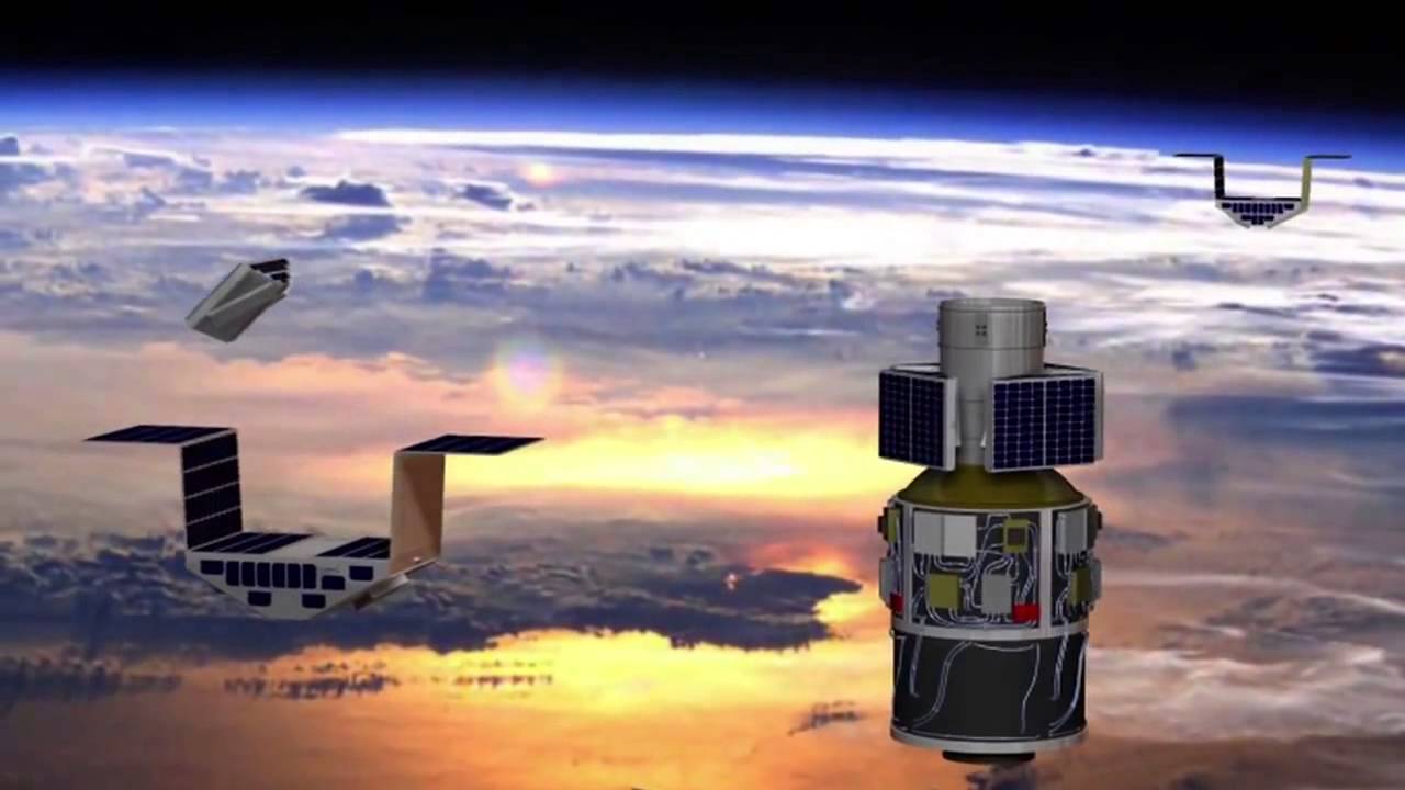 Artist's concept of the deployment of the eight Cyclone Global Navigation Satellite System (CYGNSS) microsatellite observatories