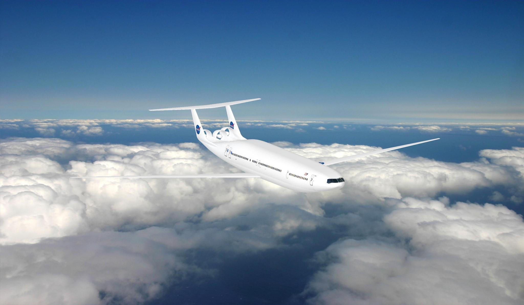A graphic depicting an artist’s concept of the "double bubble" D8 Series aircraft design is shown in flight with clouds surrounding it. 