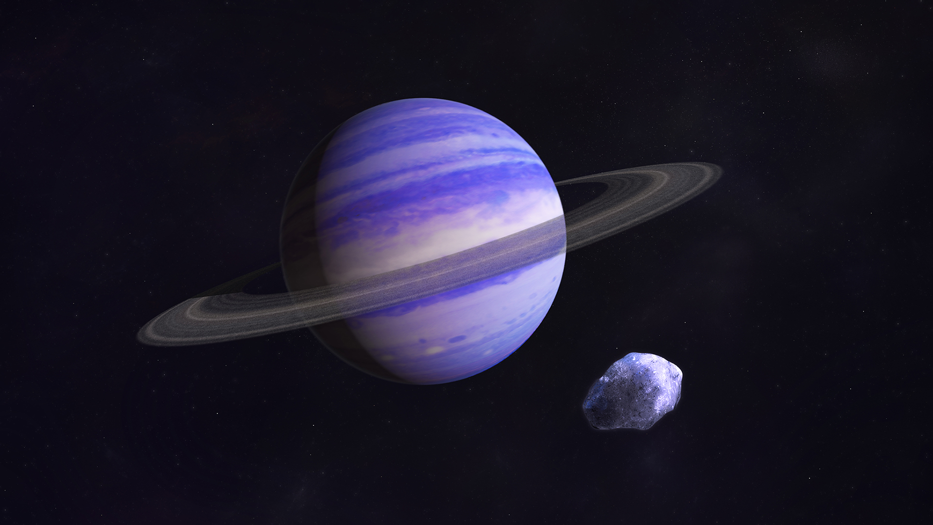 artists sketch of purple, ringed planet, asteroid