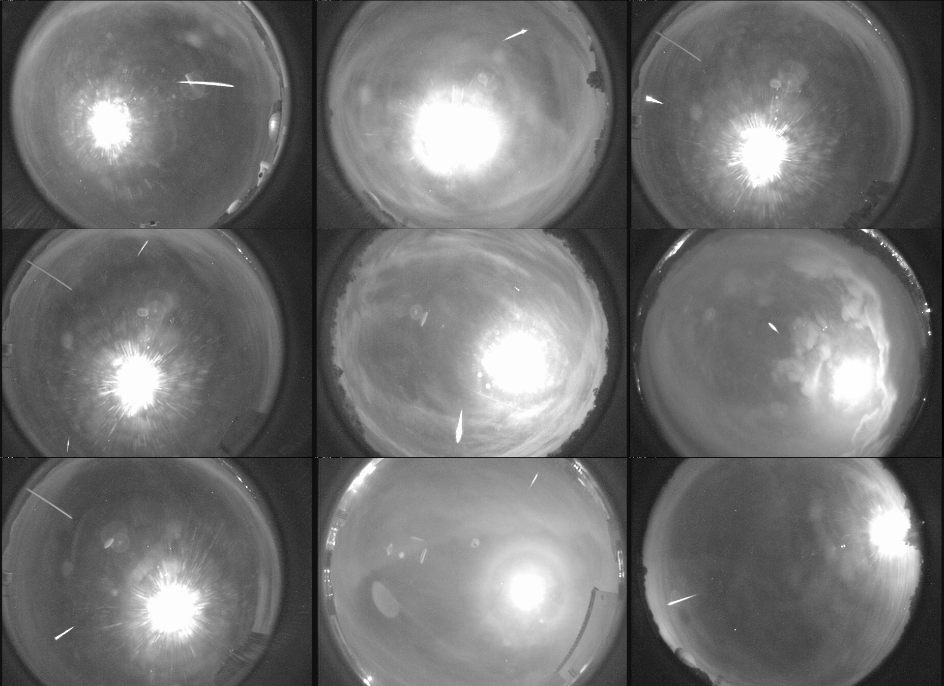 Several Geminid meteors are photographed streaking across the sky by special cameras managed at Marshall Space Flight Center.