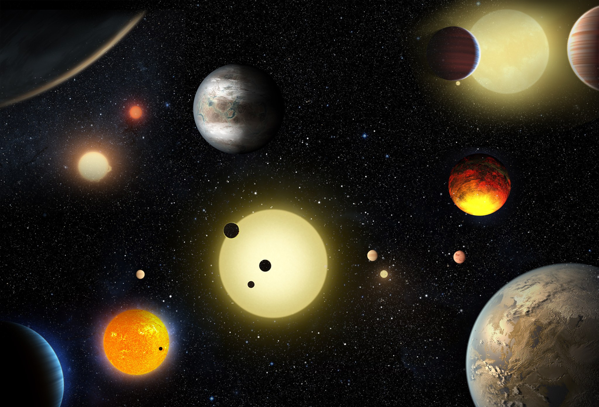 This artist's concept depicts select planetary discoveries made to date by NASA's Kepler space telescope.