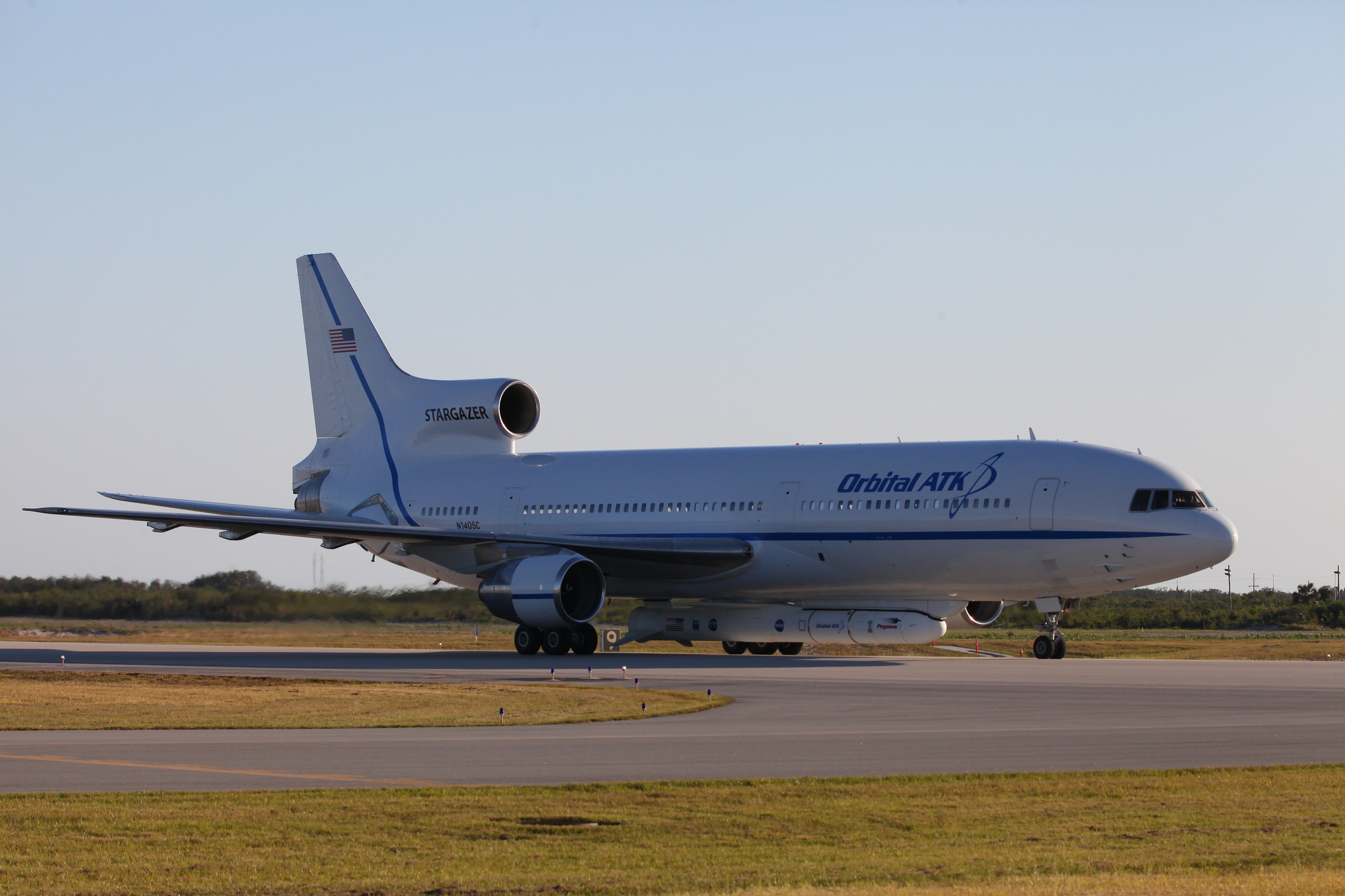The Orbital ATK L-1011 Stargazer aircraft arrives at the Skid Strip at Cape Canaveral Air Force Station in Florida