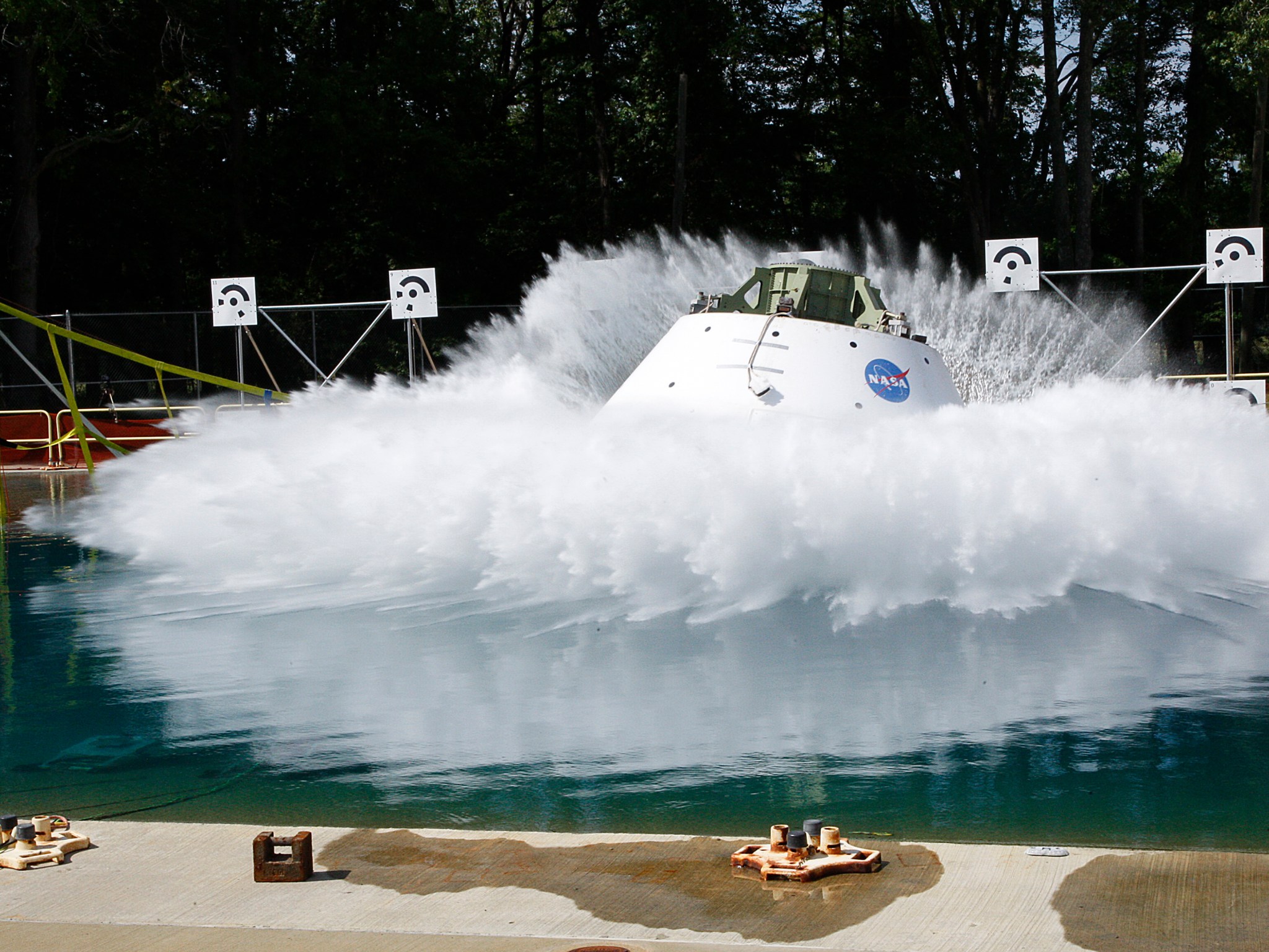 The Ground Test Article makes a splash as it hits the Hydro Impact Basin at NASA Langley.