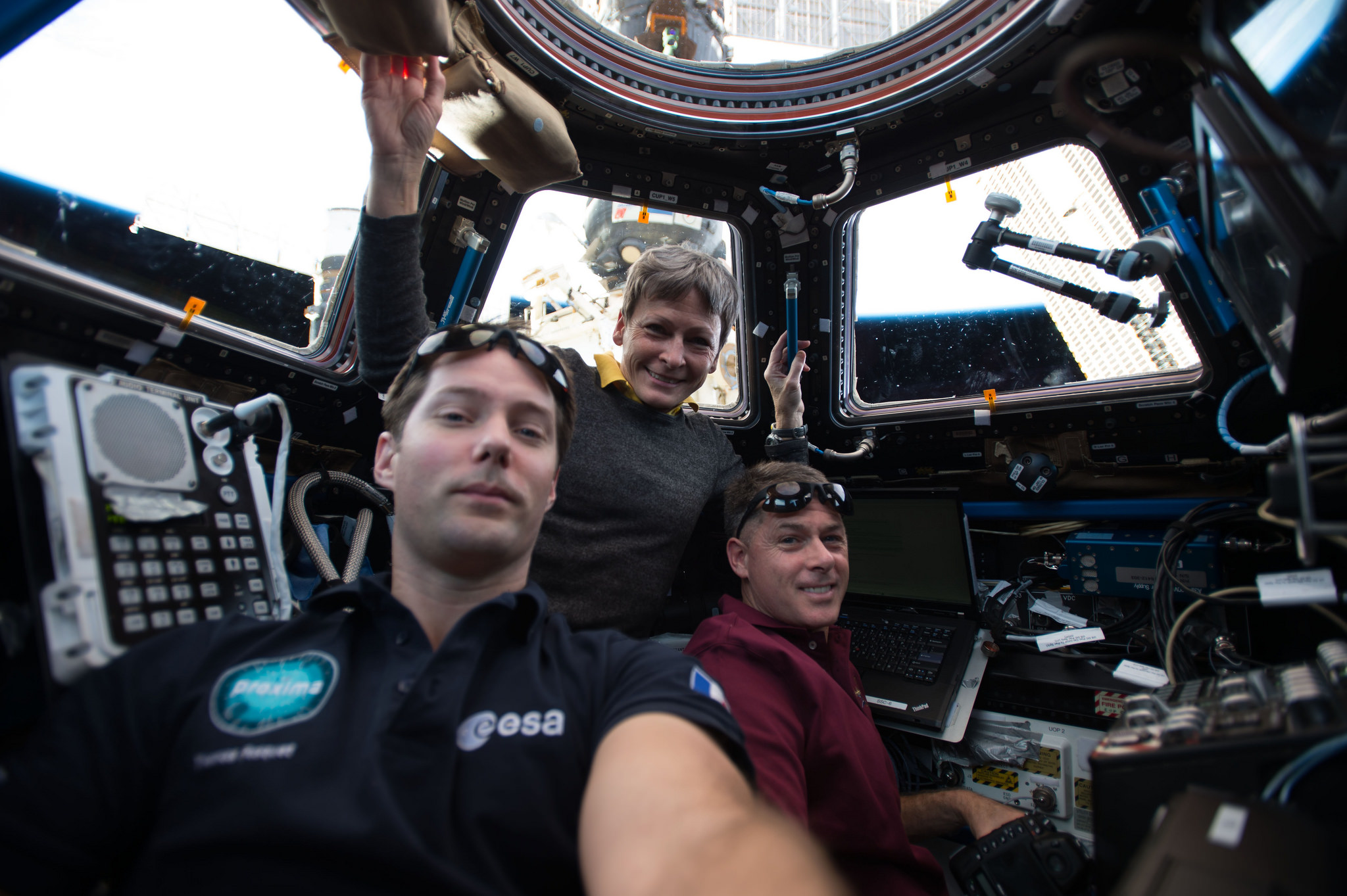 Expedition 50 crew members Thomas Pesquet of ESA (European Space Agency) and Peggy Whitson and Shane Kimbrough of NASA