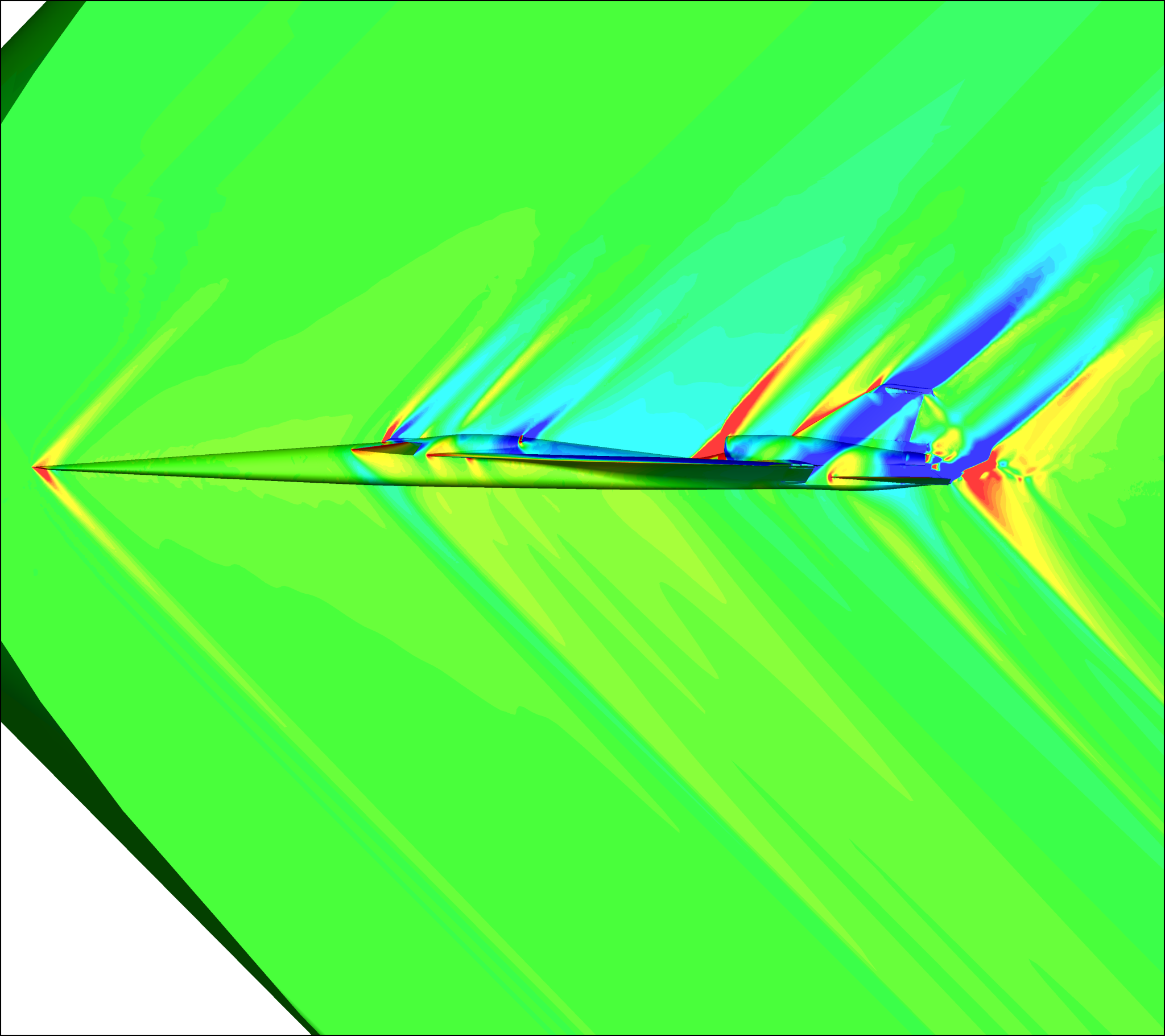 A supercomputer-generated visualization of the pressure field over a conceptual design of the Quiet Supersonic Technology dem