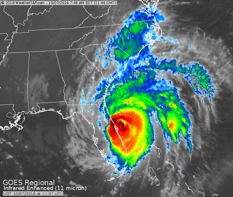 This GOES infared image was taken as Hurricane Matthew's eye passed Cape Canaveral and Kennedy Space Center.