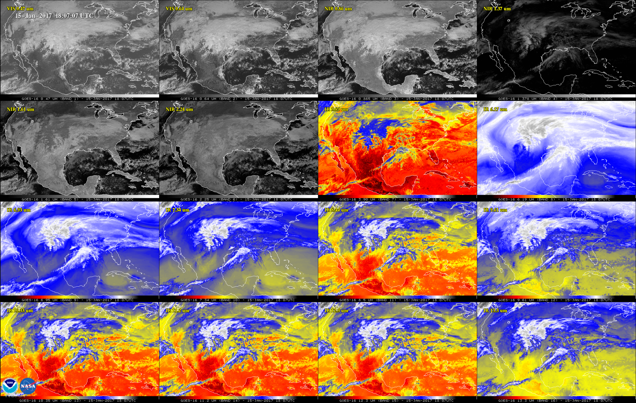 16 images of the US with weather data in BW and color