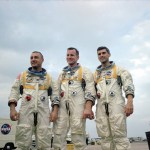 NASA astronauts, from left, Virgil "Gus" Grissom, Edward White II and Roger Chaffee visit the Cape Kennedy launch pad.