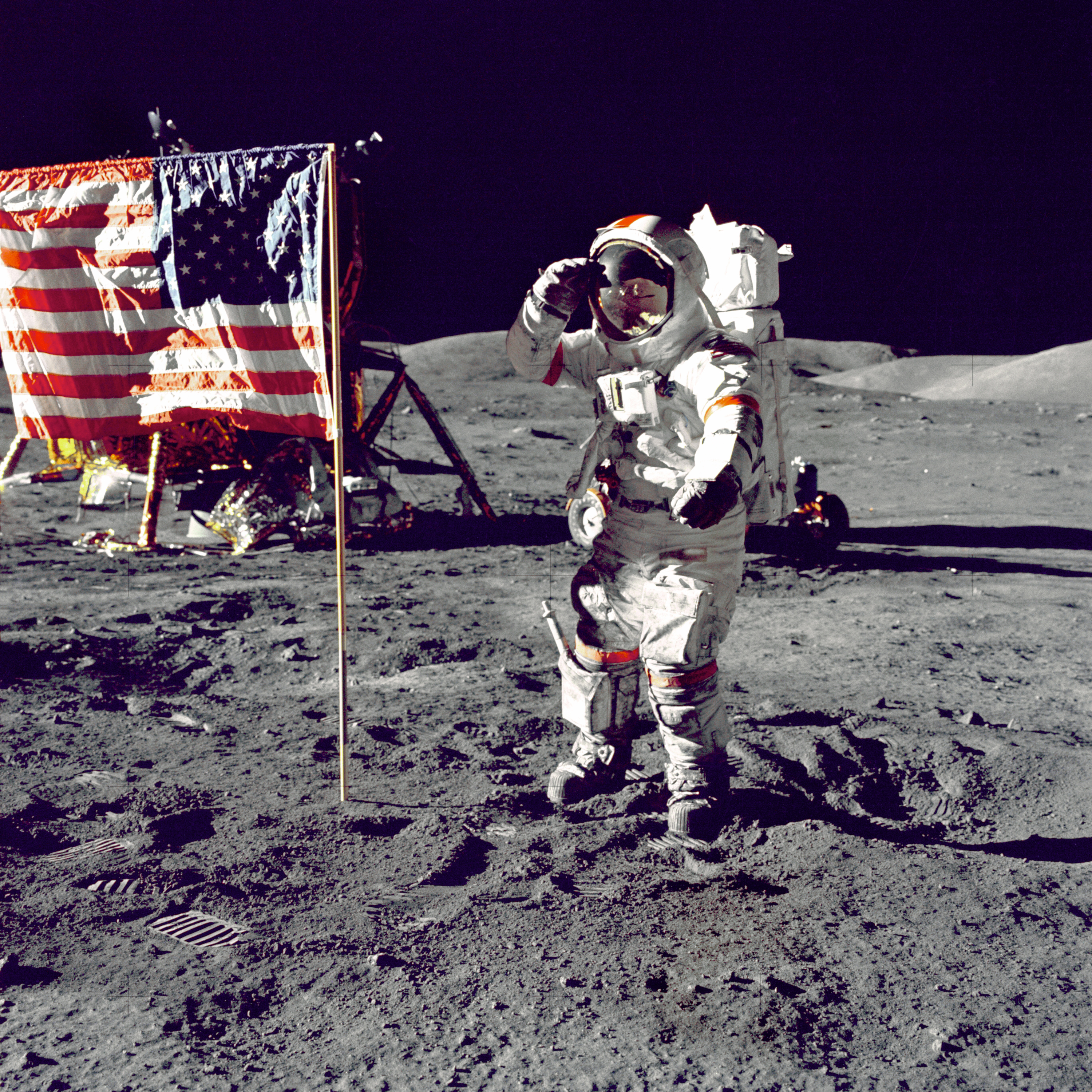 Eugene A. Cernan, Commander, Apollo 17 salutes the flag on the lunar surface during NASA