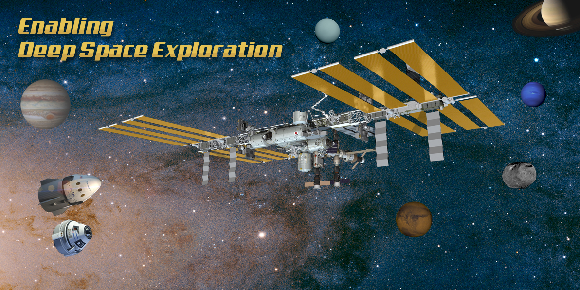 Graphic of the International Space Station with SpaceX's Dragon and Boeing's Starliner spacecraft in the lower left-hand corner.